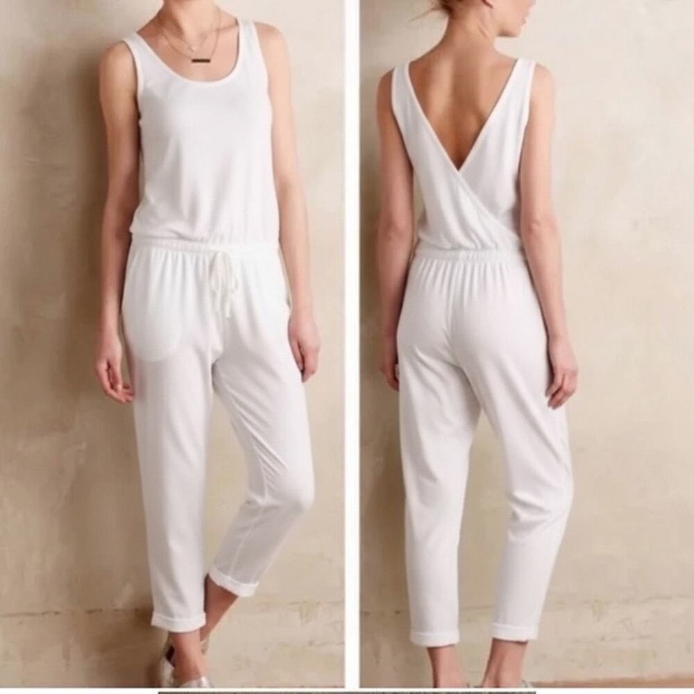 Cloth & Stone White Tencel Makai Sleeveless Jumpsuit Size S Back-V Tie Waist